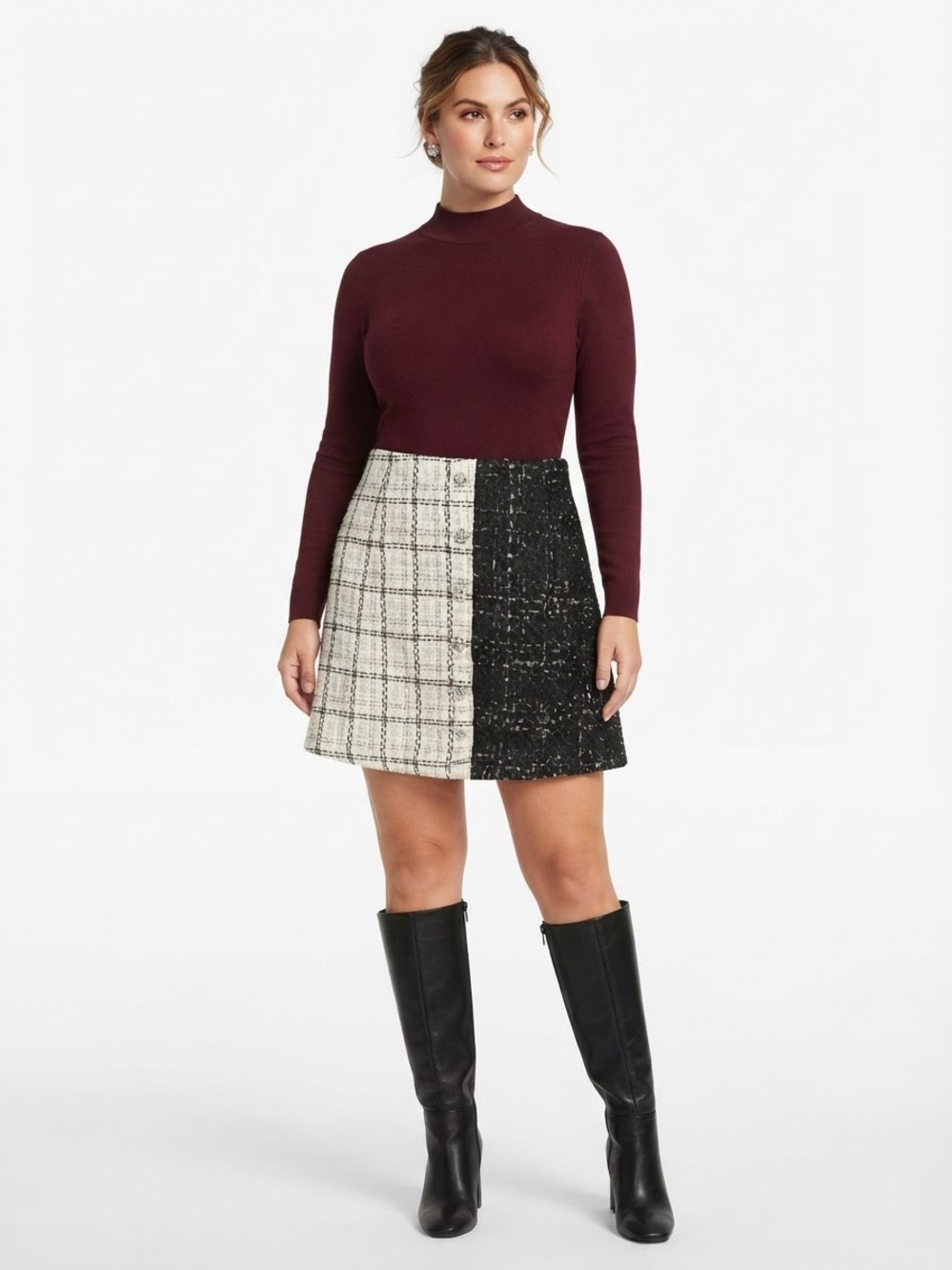 Gianni Bini Black and Cream Plaid-Tweed Mini Skirt